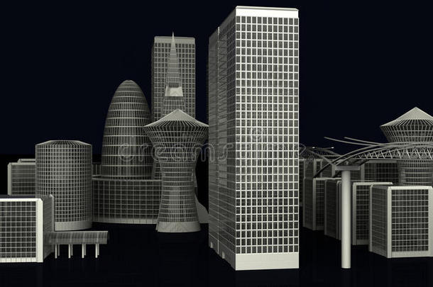 黑暗中现代城市建筑的三维插图