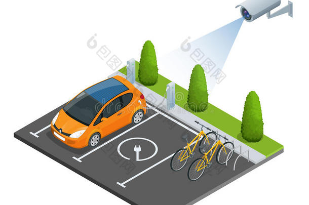 闭路电视安全摄像机在电动汽车停车等距插图上。 三维等距矢量图。