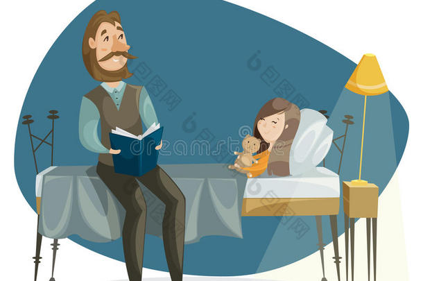 父亲给女儿读<strong>睡前</strong>故事。 有趣的卡通人物