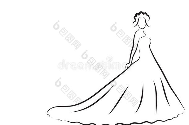 新娘剪影，素描新娘，新娘穿着漂亮的婚纱，婚礼邀请，矢量
