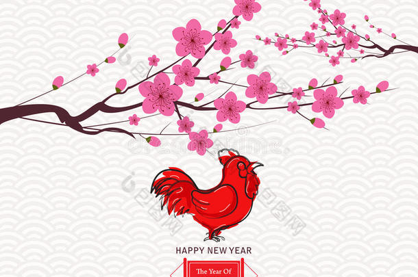 中国新年设计。 中国传统背景下梅花可爱的公鸡