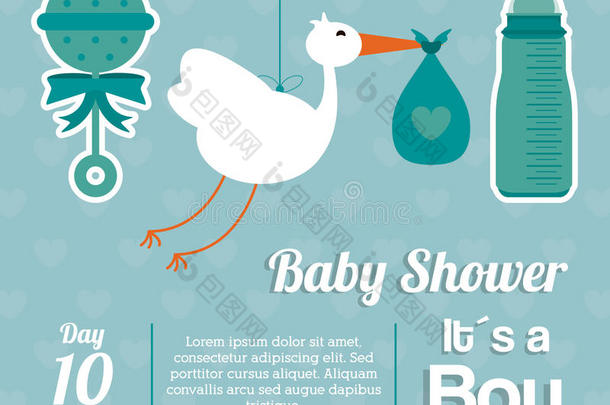 婴儿淋浴设计。 马拉卡，鹳和瓶子图标。 蓝色插画