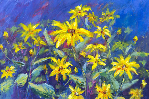 花田油画。 蓝色背景上的黄色花朵。