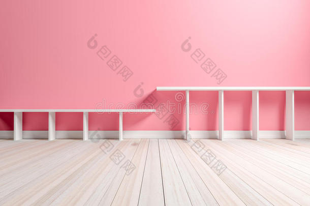空的室内浅粉色房间，白色架子和木地板