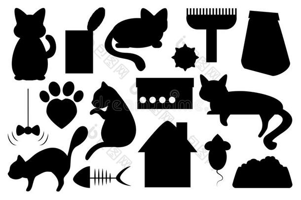 猫宠物插图，猫食物，猫玩具，猫爪子标记和猫屋