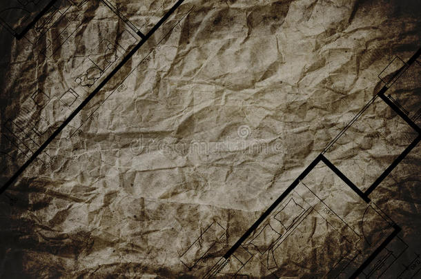 抽象建筑家居布局平面图上棕色皱巴巴的纸张纹理，有复制空间