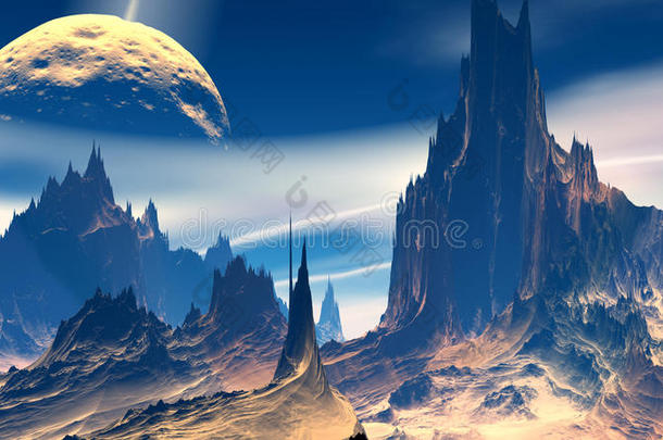 幻想外星星球。 岩石和天空。 三维插图