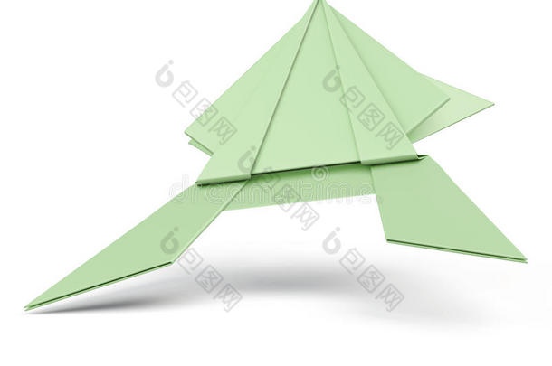 白色<strong>背景</strong>上的绿色折纸青蛙。 三维渲染图像