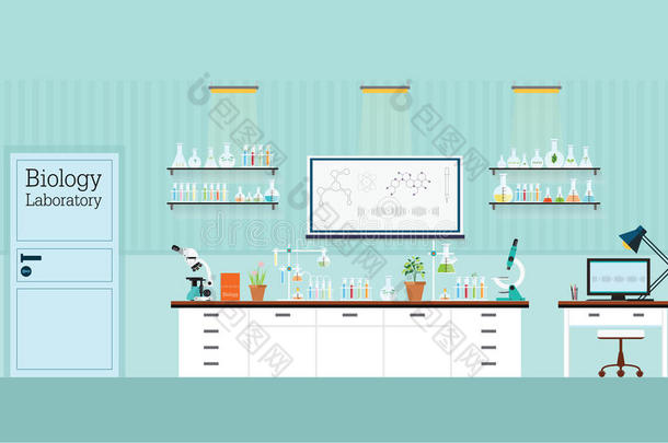 生物科学实验室内部或实验室房间。