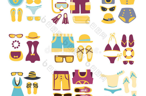 海滩服装组合的服装和配件