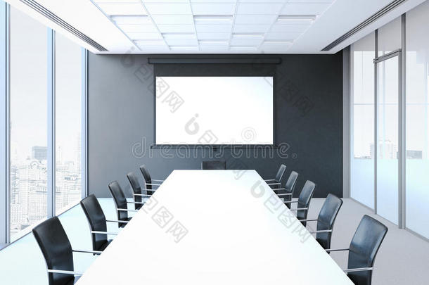 会议室有白色桌子和黑色椅子。 三维渲染