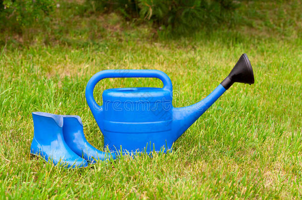 绿色草坪上五颜六色的花园工具。 浇水罐和橡胶靴。