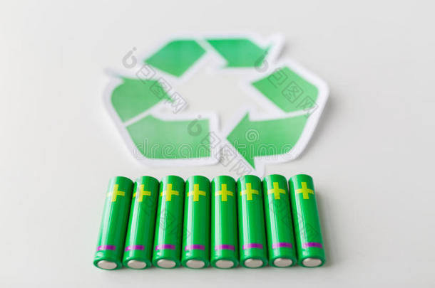 电池特写和绿色回收符号