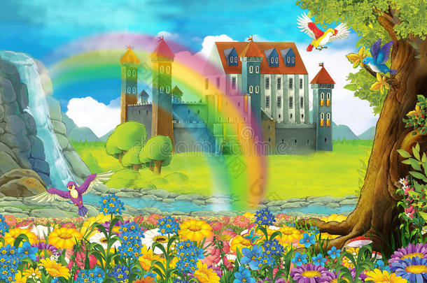 卡通场景与城堡和树屋在森林-舞台不同的用途-童话-书或游戏