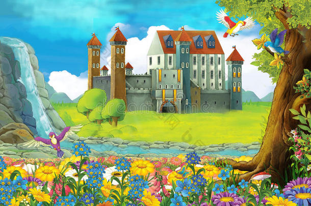 城堡上的卡通场景-不同用途的舞台-童话-书或游戏