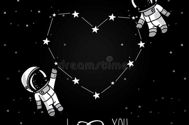可爱的涂鸦宇航员夫妇和心脏形成星座