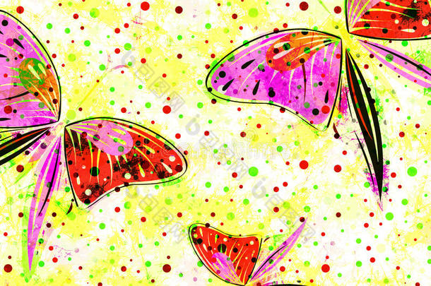 手绘纹理艺术背景与昆虫。 创意壁纸与蝴蝶彩虹颜色。