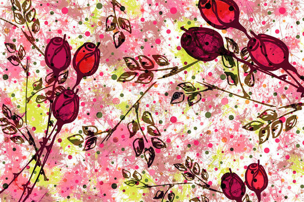 手绘纹理艺术花卉背景。 创意壁纸与玫瑰和叶子粉红色。 装饰图案。