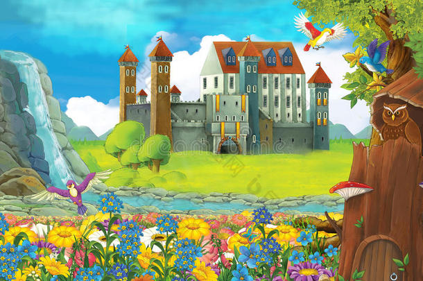 <strong>卡通场景</strong>与城堡和树屋在森林-舞台不同的用途-童话-书或<strong>游戏</strong>