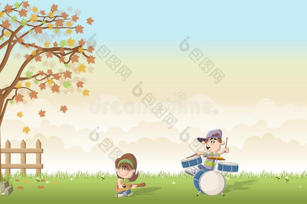 绿色的草地景观与可爱的卡通男孩和女孩在乐队上演奏音乐。