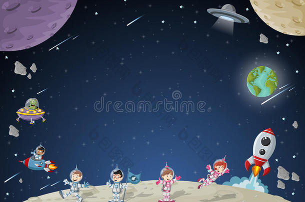 宇航员卡通人物在月球上与外星飞船