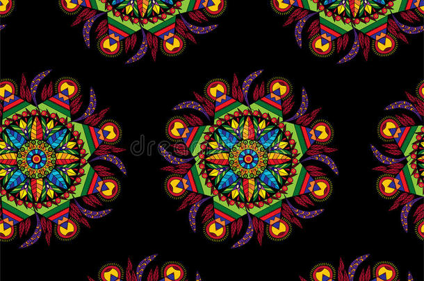 彩色曼陀罗圆形装饰装饰与花和叶在民族风格无缝打印图案矢量插图