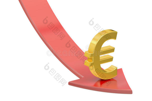 落下红色箭头，象征欧元，危机概念。 三维渲染