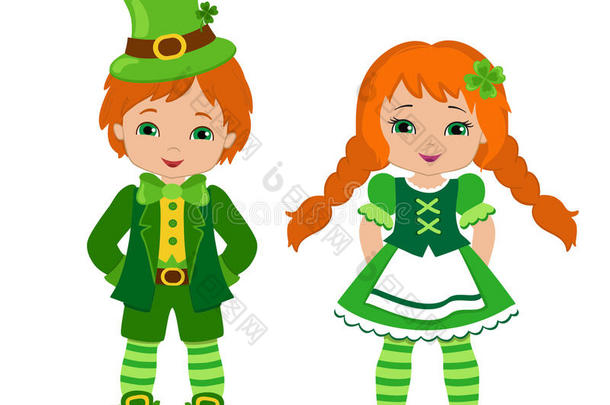 穿着爱尔兰服装的男孩和女孩。 圣帕特里克节。