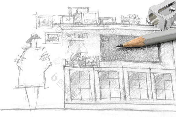 现代客厅家具的图纸，铅笔和卷笔刀