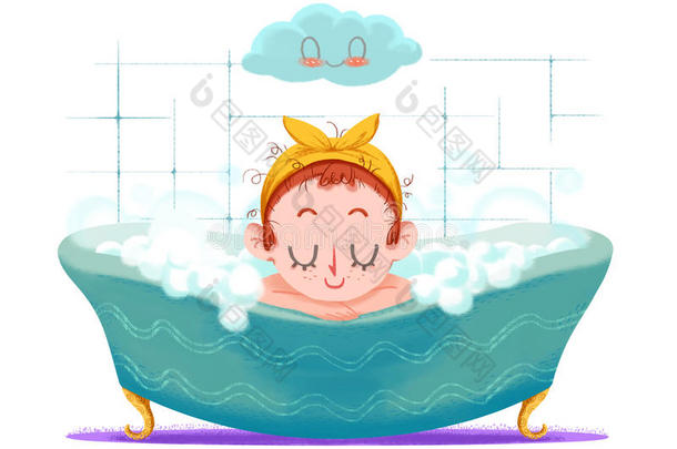 创意插图和创新艺术：小女孩正在浴缸里洗澡。