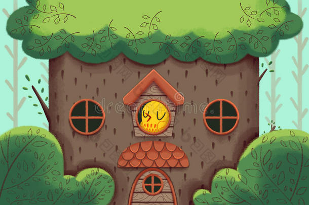 创意插图和创新艺术：鸟之家，豪华大树屋。