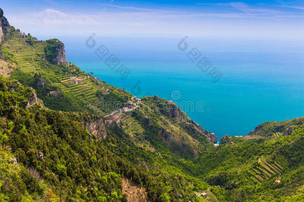 美丽的风景从神的道路与柠檬树田，阿马尔菲海岸，坎帕尼亚地区，意大利