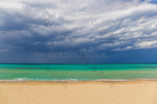 令人惊叹的金沙滩附近的垄断卡普托洛，暴风雨天，阿普利亚地区，意大利南部