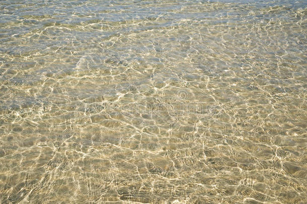 夏季透明水晶绿色蓝色海水表面波纹与太阳反射的背景。 水的背景。 海水