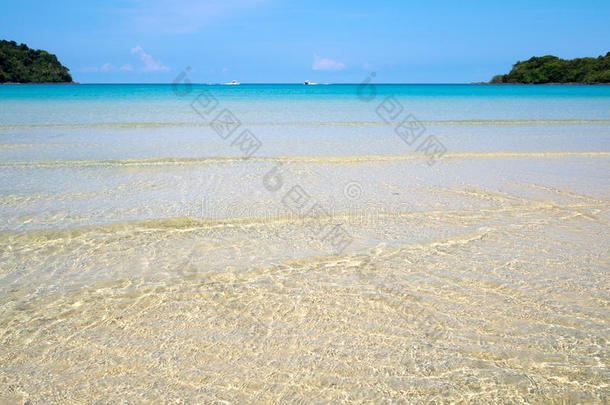 <strong>夏季</strong>透明水晶蓝色海水表面波纹在沙子上与太阳反射的背景。 水的背景。 海洋