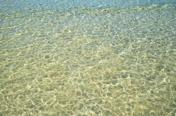 夏季透明水晶绿色蓝色海水表面波纹与太阳反射的背景。 水的背景。 海水