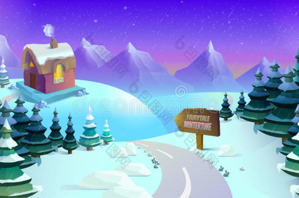 卡通冬季景观与冰，雪和多云的天空。 游戏的无缝矢量自然背景。 插图