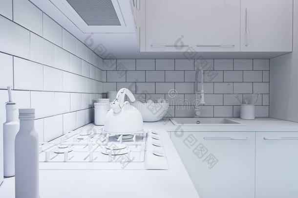 三维渲染厨房装饰。 现代风格的室内设计