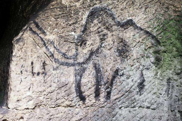 砂岩洞穴的儿童艺术。 黑色碳猛犸涂料