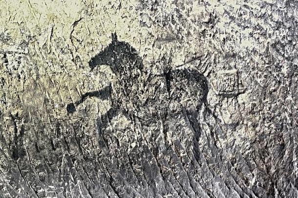 猎水牛。 人类在砂岩墙上狩猎的油漆，史前图片。