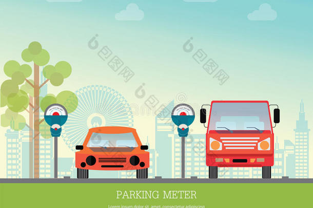 停车场，停车表在城市视图背景上。