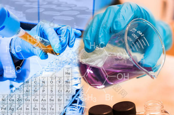 科学家手中的烧杯，用设备和科学实验将化学物质填充到试管科学家中