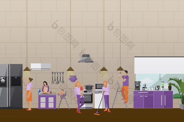 清洁服务概念矢量横幅。 人们打扫房子。 公寓厨房内部。 家政公司团队