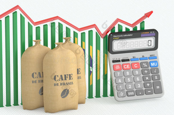 咖啡价格和出口概念，图表与计算器和巴西咖啡袋。 三维渲染