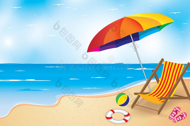 海滩，雨伞和椅子。 夏天的海滩背景。