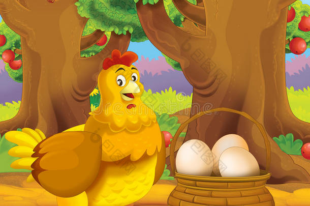 卡通农场场景与动物母鸡与鸡蛋