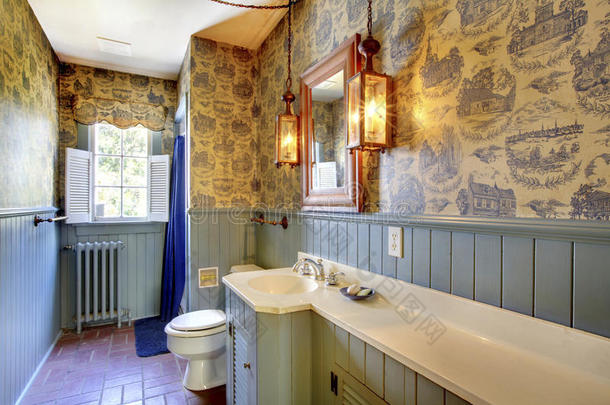 蓝色古董浴室原件。 从1856年开始，令人惊叹的家从那时起就从未被触摸过。 美国华盛顿州莱克伍德。