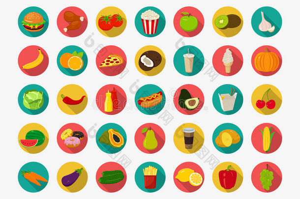 彩色食品图标设置。 水果和蔬菜图标。 快餐图标。 现代平面设计。 矢量