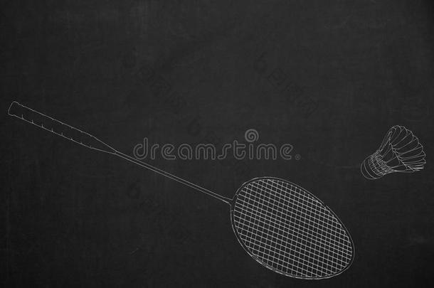 羽毛球场景用白色粉笔画在一个黑暗的黑板上