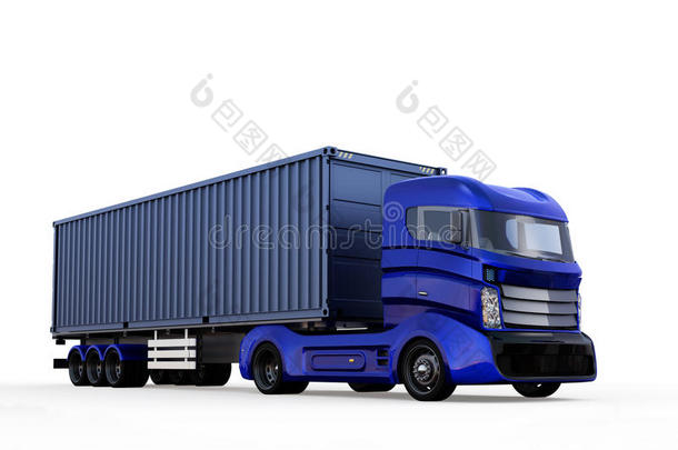 蓝色集装箱卡车隔离在白色背景上